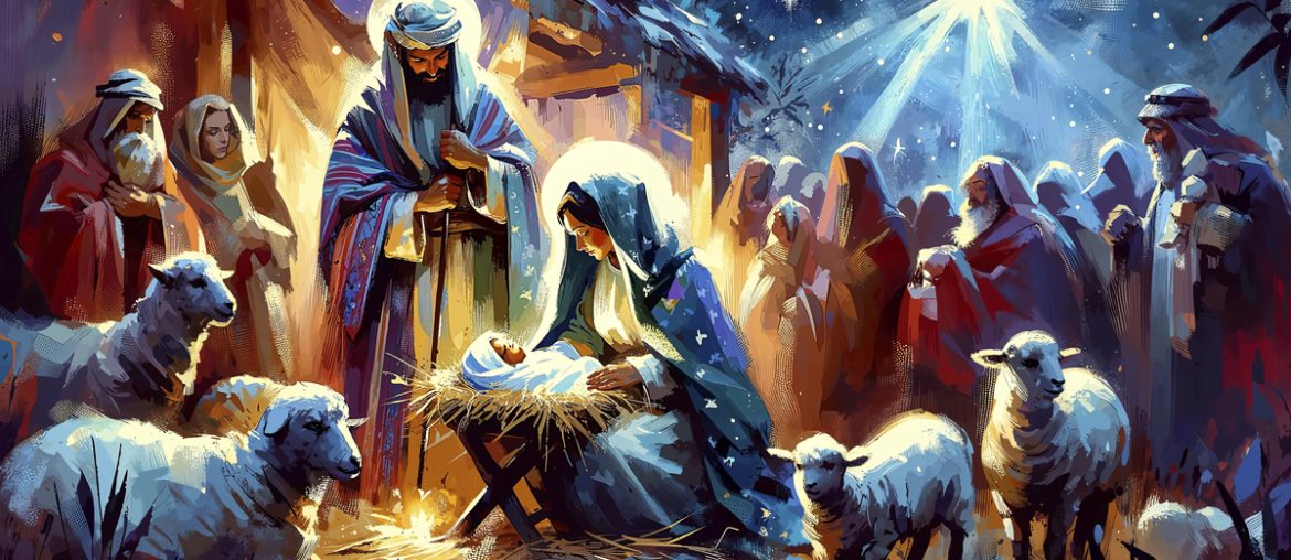 Escena de la Navidad con Jesús, María y José, los pastores, los magos y la estrella